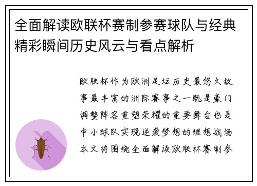 全面解读欧联杯赛制参赛球队与经典精彩瞬间历史风云与看点解析